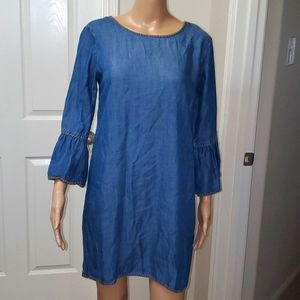 Chelsea & Violet xs brown stitched trim bell sleeve shift drapey chambray denim